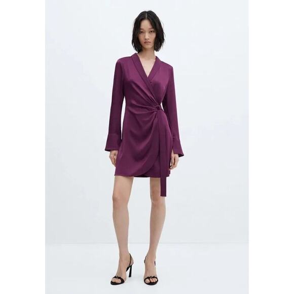 Mango Florence Dress Satin Long Sleeve Buckled Wrap Mini Purple NWT 4 - Picture 3 of 10